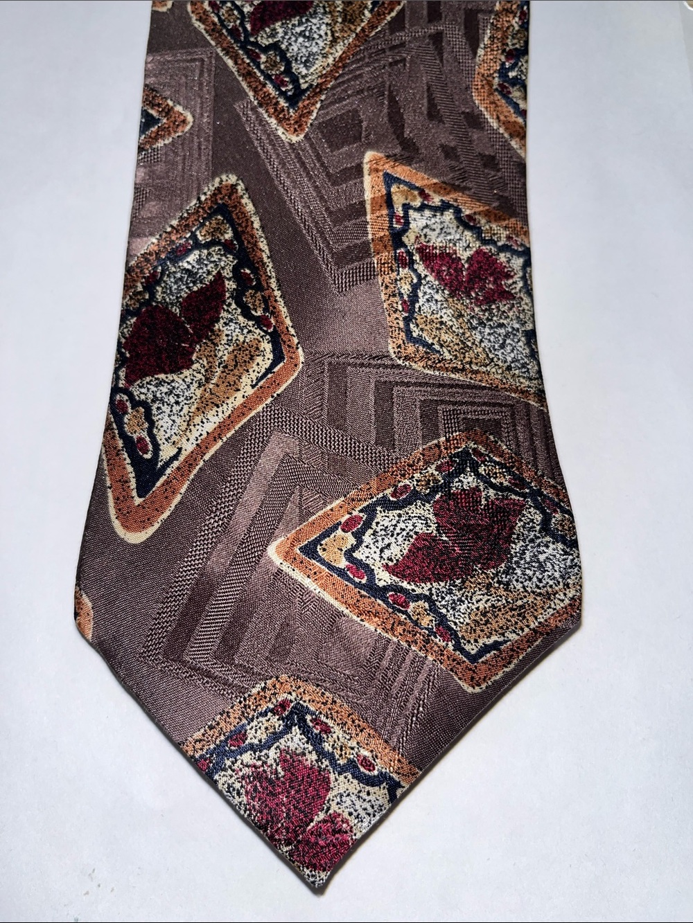 Dior Brown Tie with Burgundy and Tan Diamond Medallions